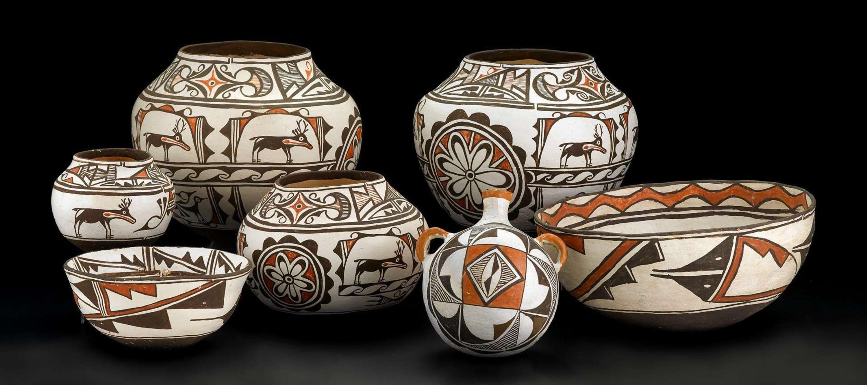 Three Zuni polychrome pottery items mrs. watson, "tsah 'wah' sea," zuni, new mexico, circa 1950
