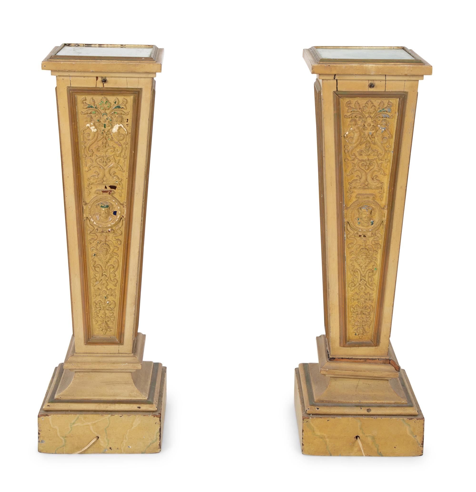 A Pair of Faux-Marble Painted Illuminated Pedestals — 20TH CENTURY