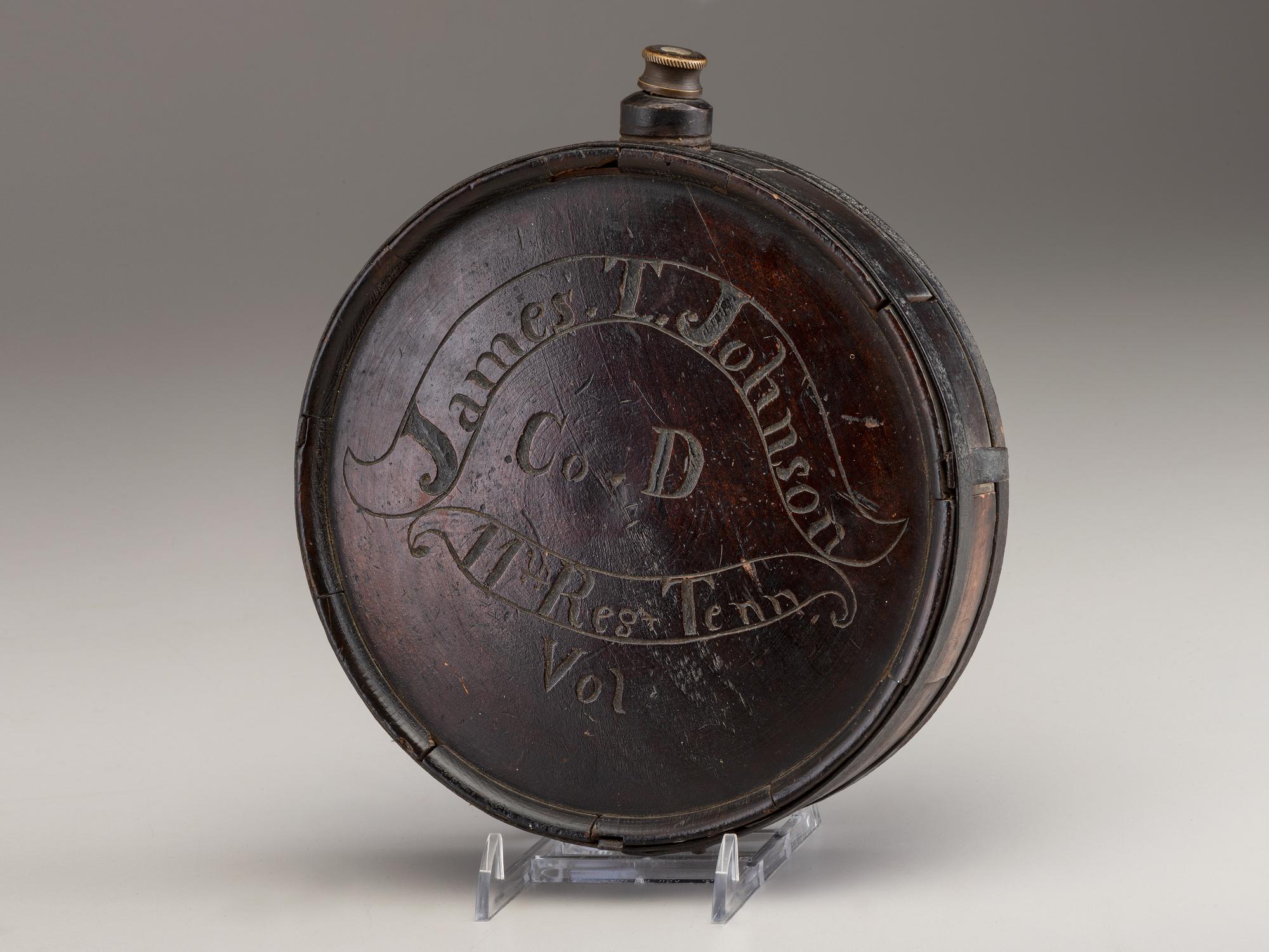 [CIVIL WAR]. Confederate canteen identified to James T. Johnson, Co. D, 11th Tennessee Infantry Regiment and previously owned by Private John F. Wichterman, Co. G, 49th Ohio Infantry Regiment.