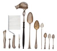 A Miscellaneous Group of Silver Serving Items, Various Makers, including a ladle, a serving spoon, a berry spoon, a cake rake, 6 ice te