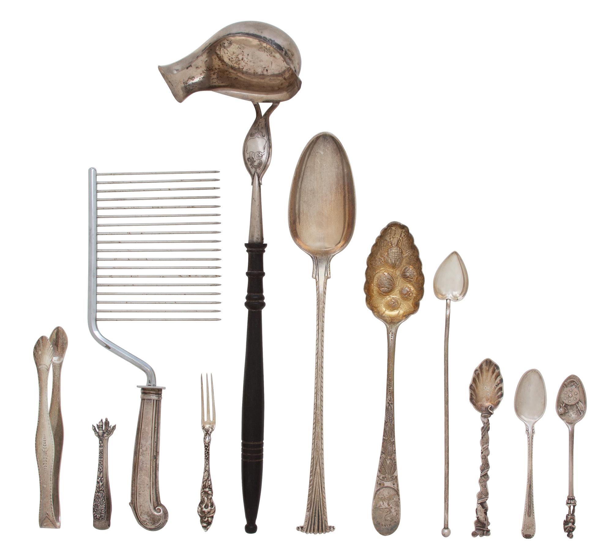A Miscellaneous Group of Silver Serving Items, Various Makers, including a ladle, a serving spoon, a berry spoon, a cake rake, 6 ice te