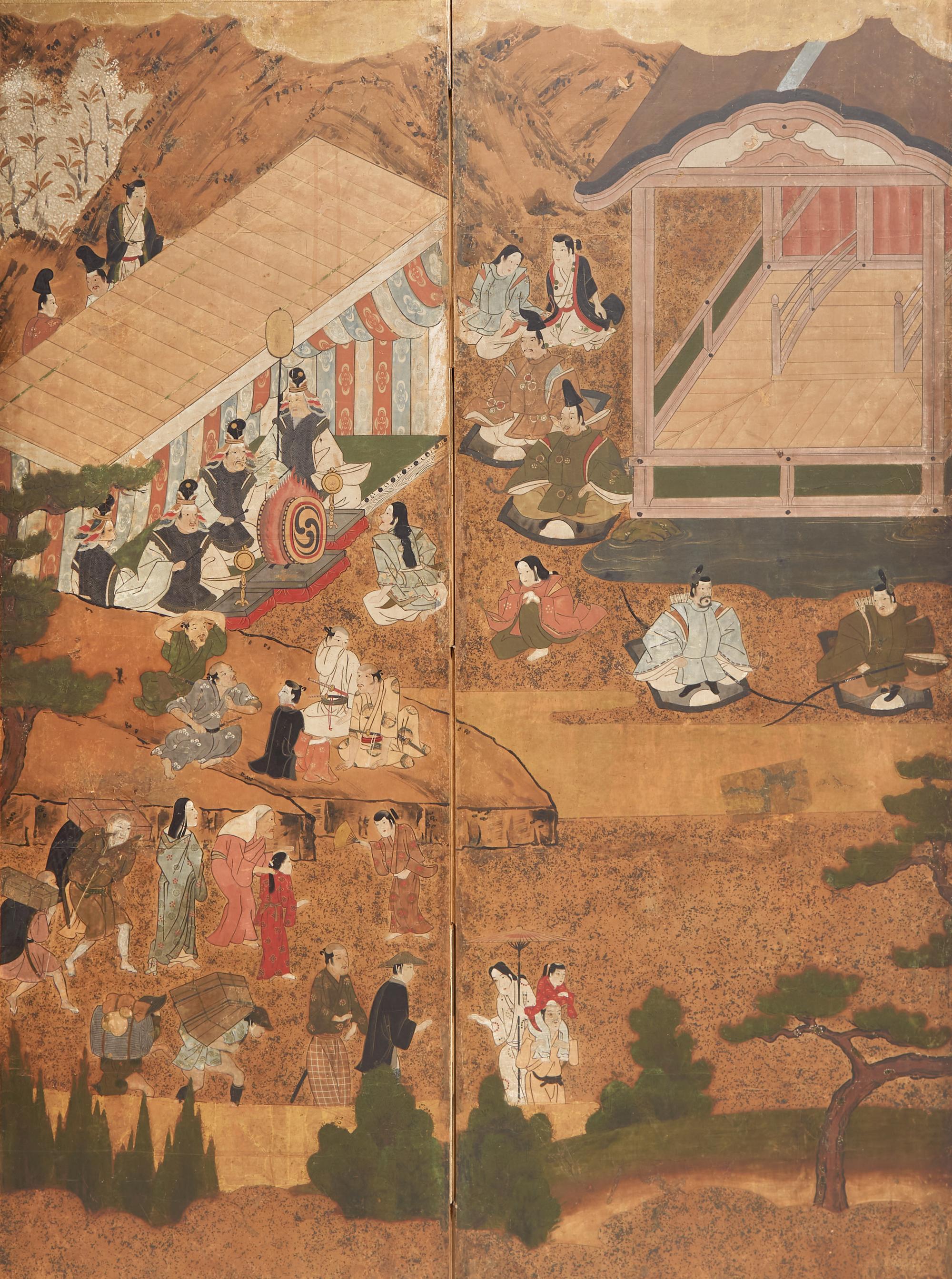 A Japanese Six-Panel Figural Floor Screen, Tosa School, 17th/18th Century