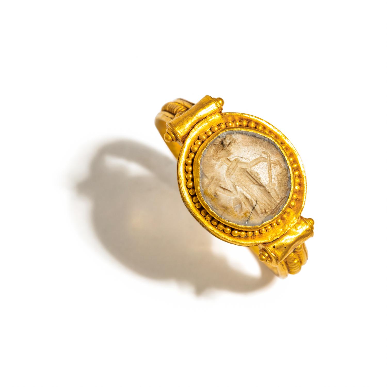 A Late Roman Gold and Stone Finger Ring with the Goddess Fortuna