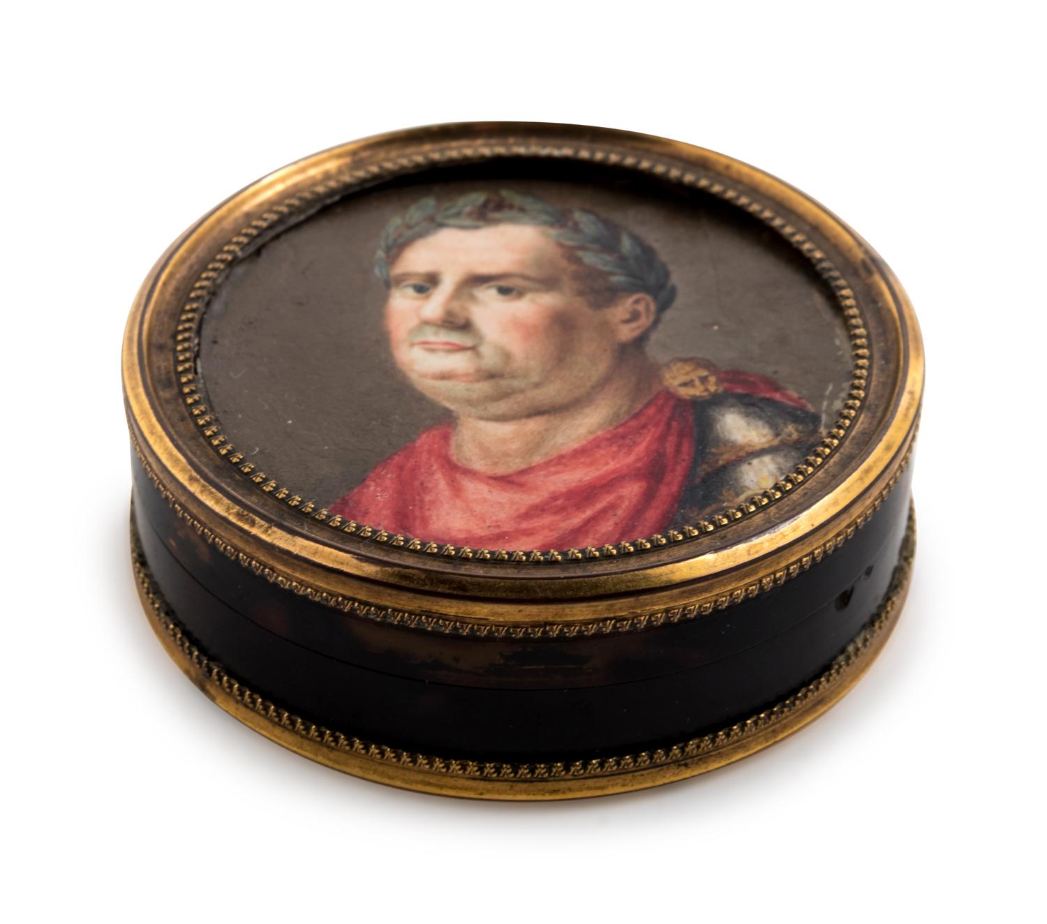 A Continental Gilt Metal and Tortoise Shell Mounted Portrait Snuff Box