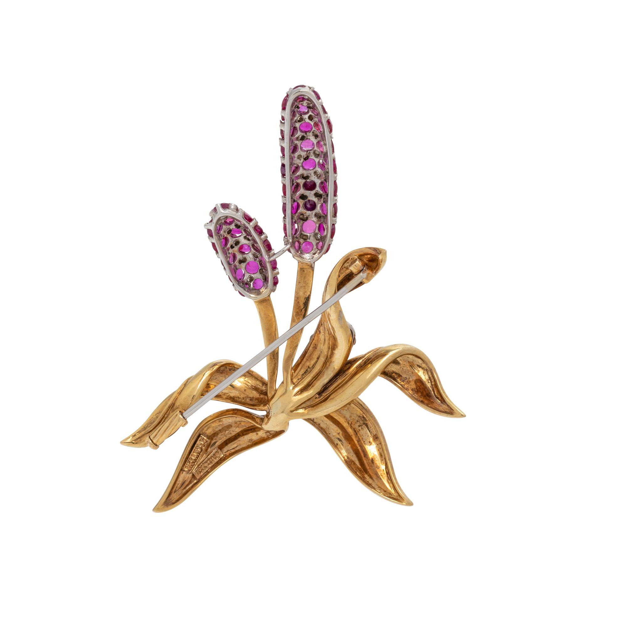 TIFFANY & CO., RUBY AND DIAMOND CATTAIL BROOCH