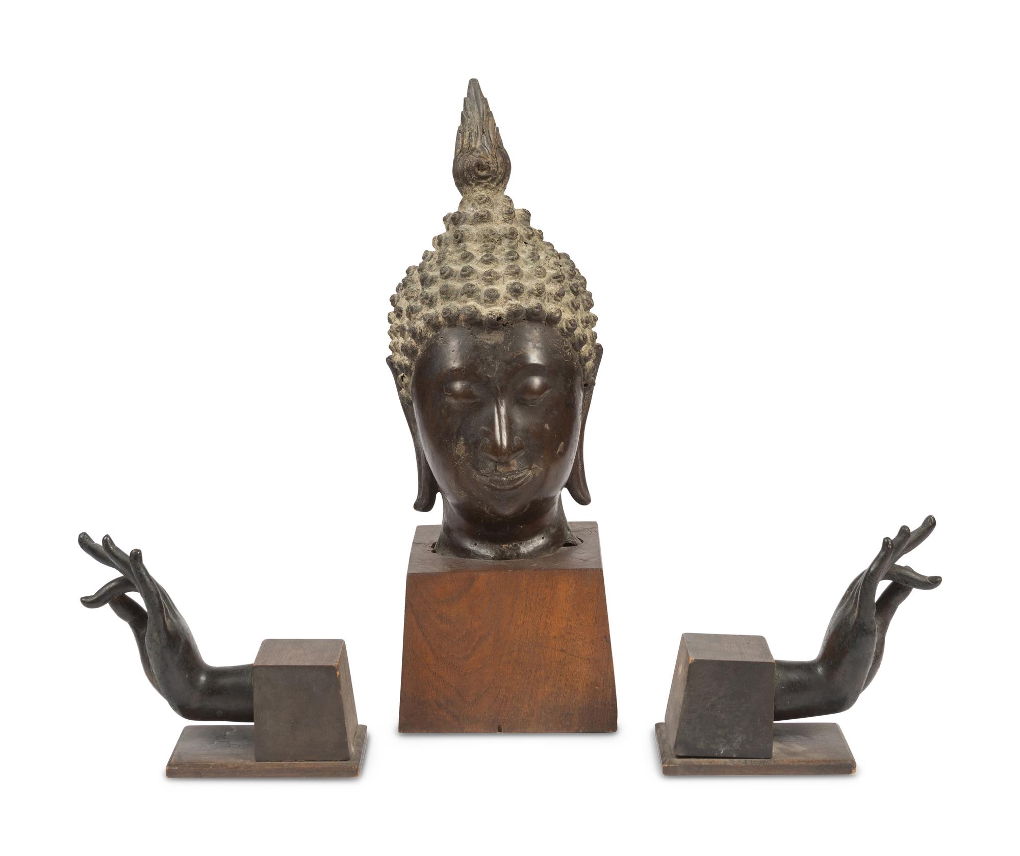 A Thai Bronze Buddha Head and Hands