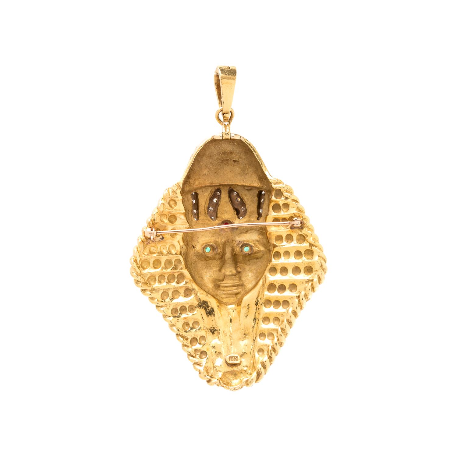 YELLOW GOLD, DIAMOND AND GEMSTONE PHARAOH PENDANT/BROOCH