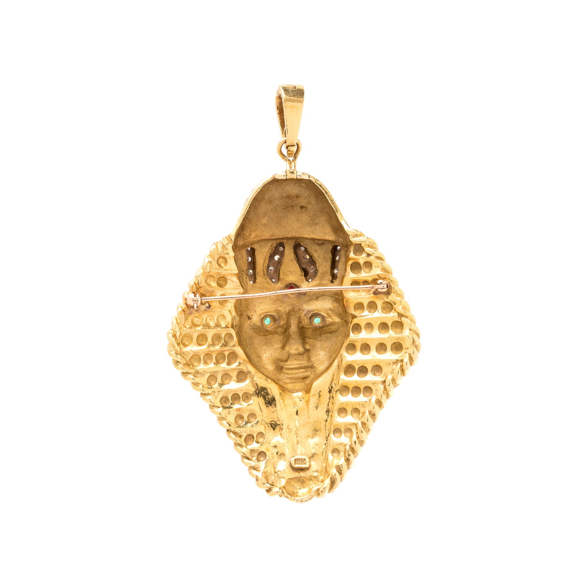 YELLOW GOLD, DIAMOND AND GEMSTONE PHARAOH PENDANT/BROOCH