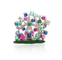 A Platinum, Diamond, Enamel and Multi Gem Pin, Raymond Yard, 6.20 dwts.