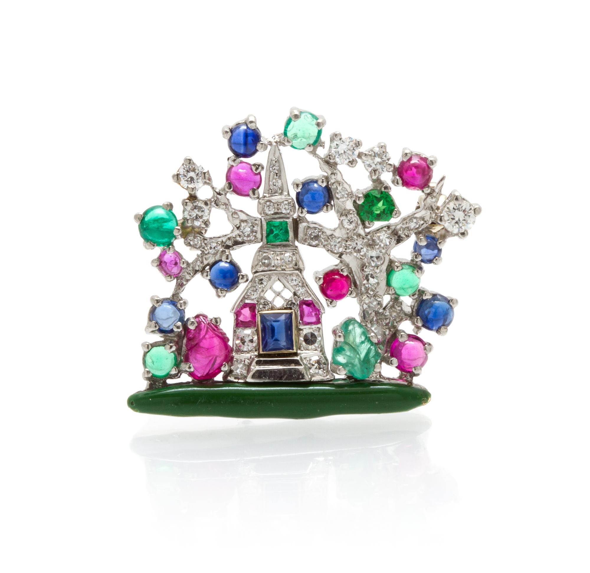 A Platinum, Diamond, Enamel and Multi Gem Pin, Raymond Yard, 6.20 dwts.