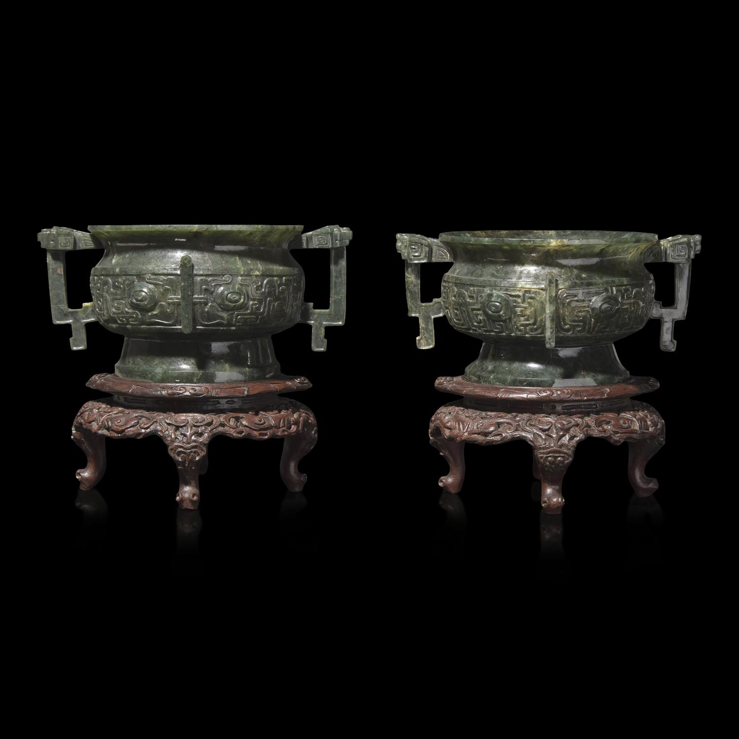 An Associated Pair of Chinese Spinach Green Jade Archaistic Censers, Gui 碧玉仿古紋簋一對