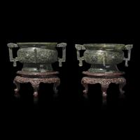 An Associated Pair of Chinese Spinach Green Jade Archaistic Censers, Gui 碧玉仿古紋簋一對