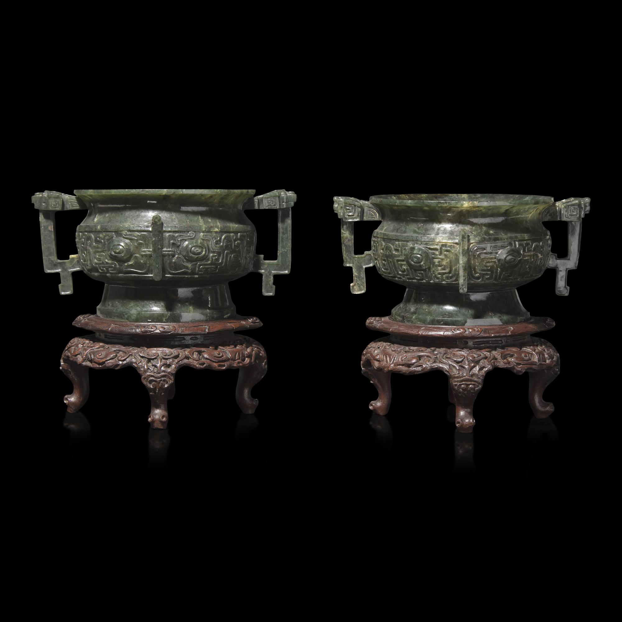 An Associated Pair of Chinese Spinach Green Jade Archaistic Censers, Gui 碧玉仿古紋簋一對