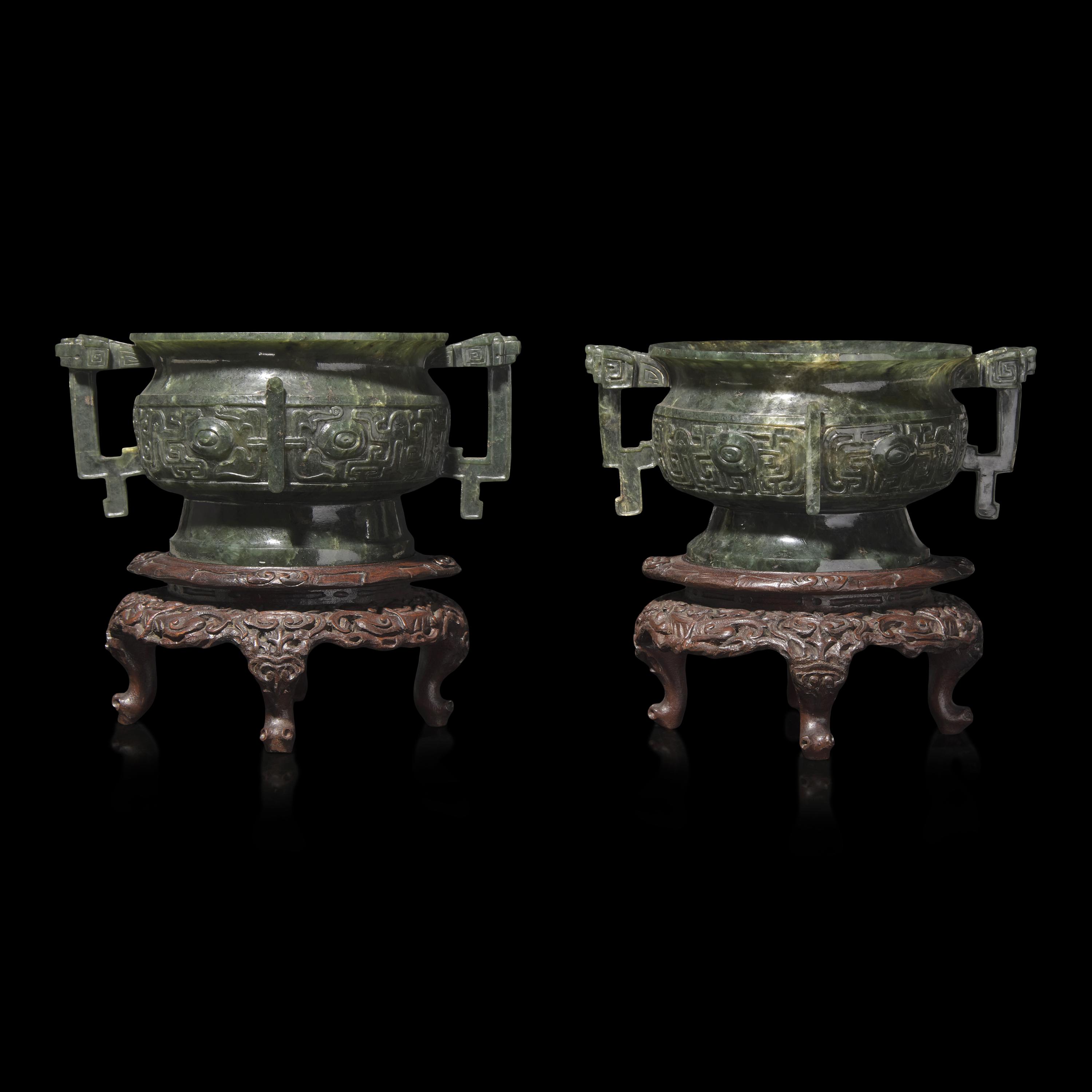 An Associated Pair of Chinese Spinach Green Jade Archaistic Censers, Gui 碧玉仿古紋簋一對