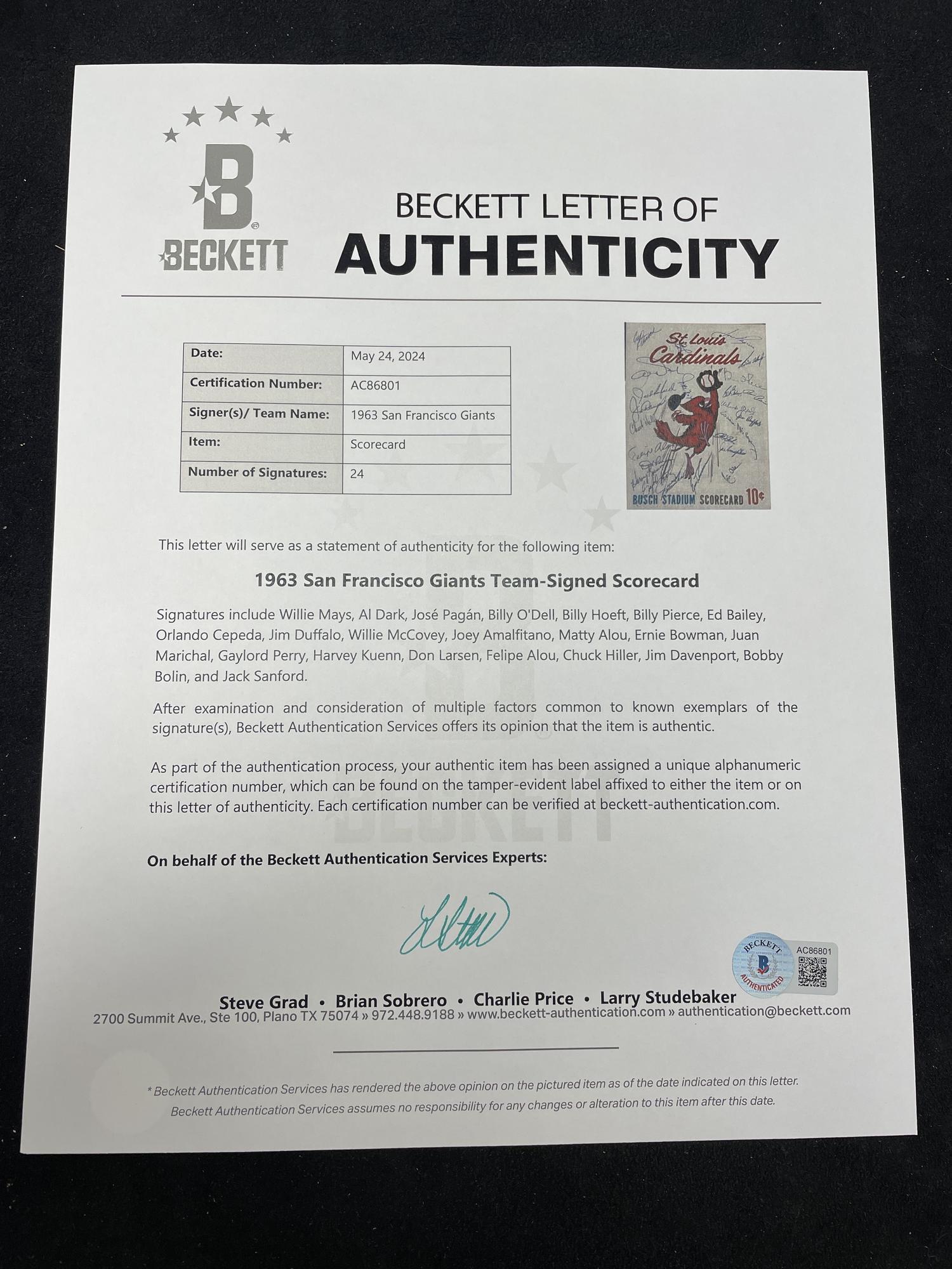 A 1963 San Francisco Giants Multi Signed Autograph St. Louis Cardinals Program Scorecard Featuring Willie Mays and Additional Hall of Famers (Beckett Authentication Services)