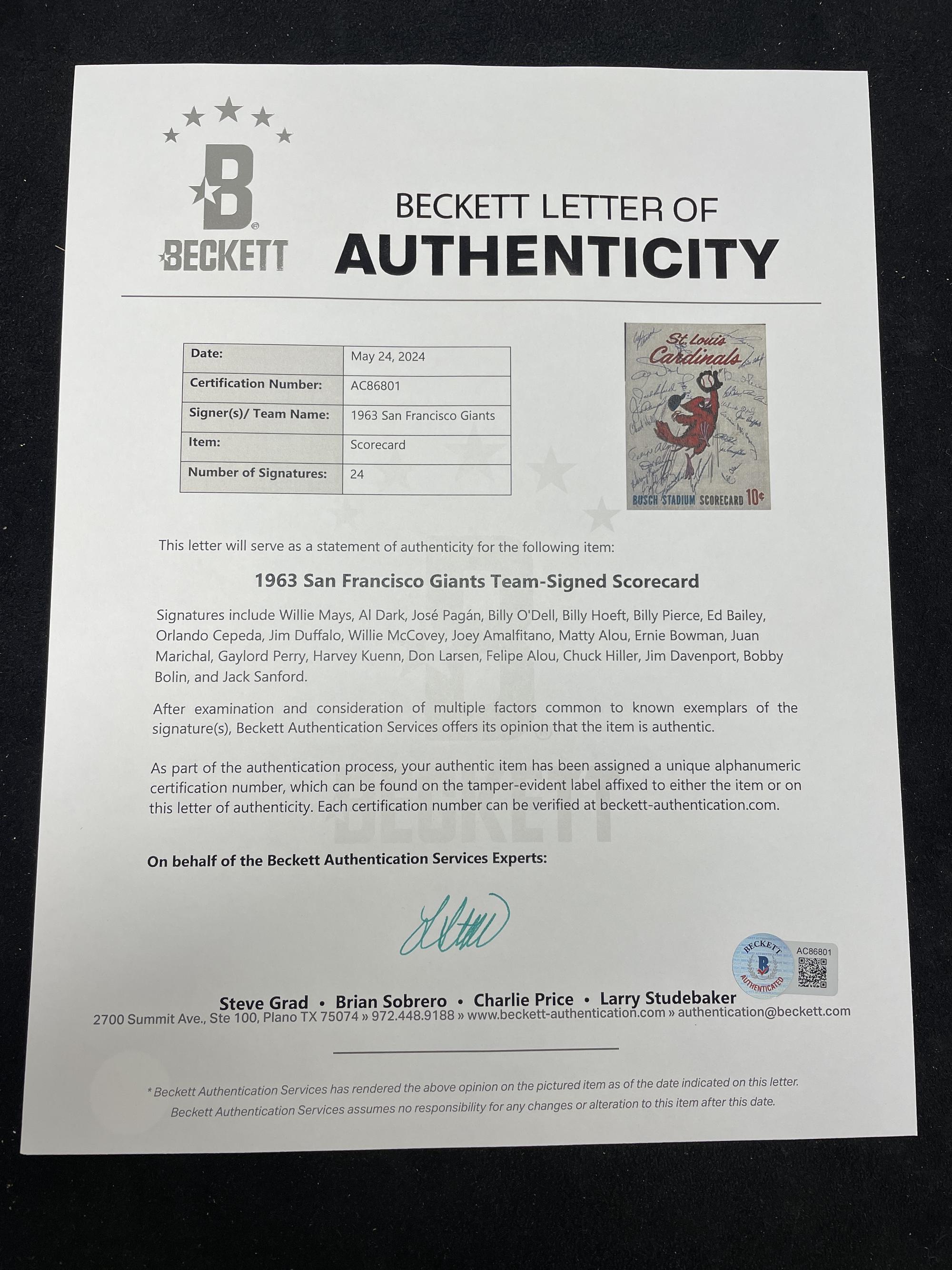 A 1963 San Francisco Giants Multi Signed Autograph St. Louis Cardinals Program Scorecard Featuring Willie Mays and Additional Hall of Famers (Beckett Authentication Services)