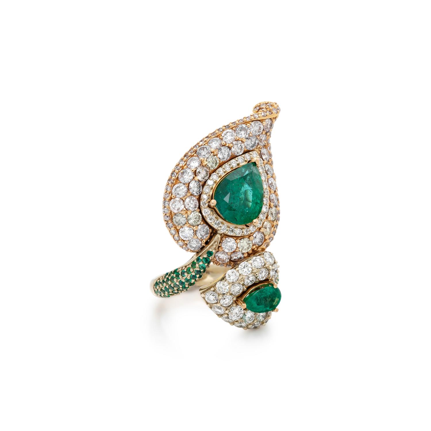 EMERALD, COLORED DIAMOND, AND DIAMOND BYPASS LEAF RING