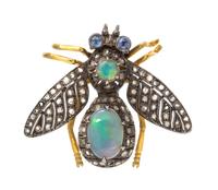 A Silver Topped Yellow Gold, Opal, Diamond, Sapphire Bug Brooch, 5.50 dwts.