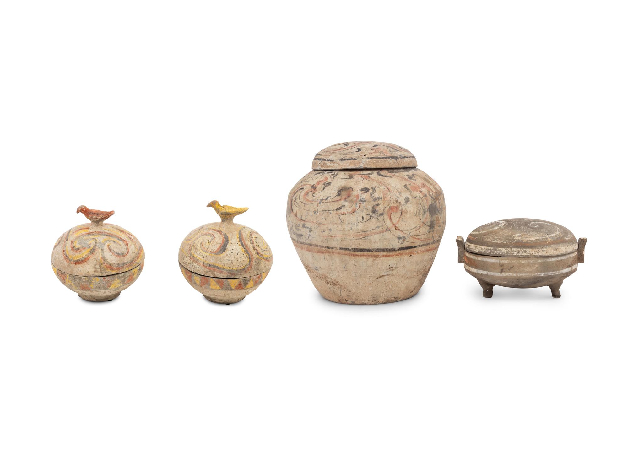 A Pair of Chinese Painted Pottery Round Boxes, together with Two Chinese Painted Pottery Vessels