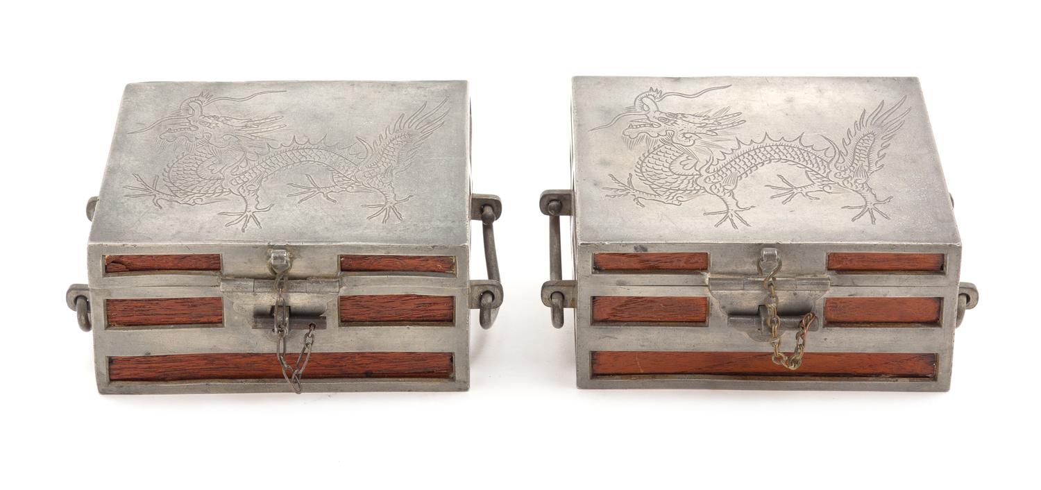 A Pair of Chinese Pewter Mounted Lacquered Wood Rectangular Boxes Length 4 1/2 inches. — LATE 19TH CENTURY