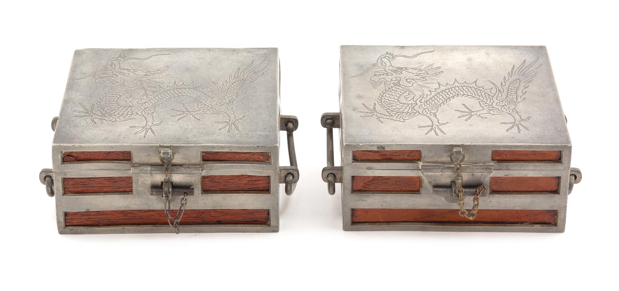 A Pair of Chinese Pewter Mounted Lacquered Wood Rectangular Boxes Length 4 1/2 inches. — LATE 19TH CENTURY