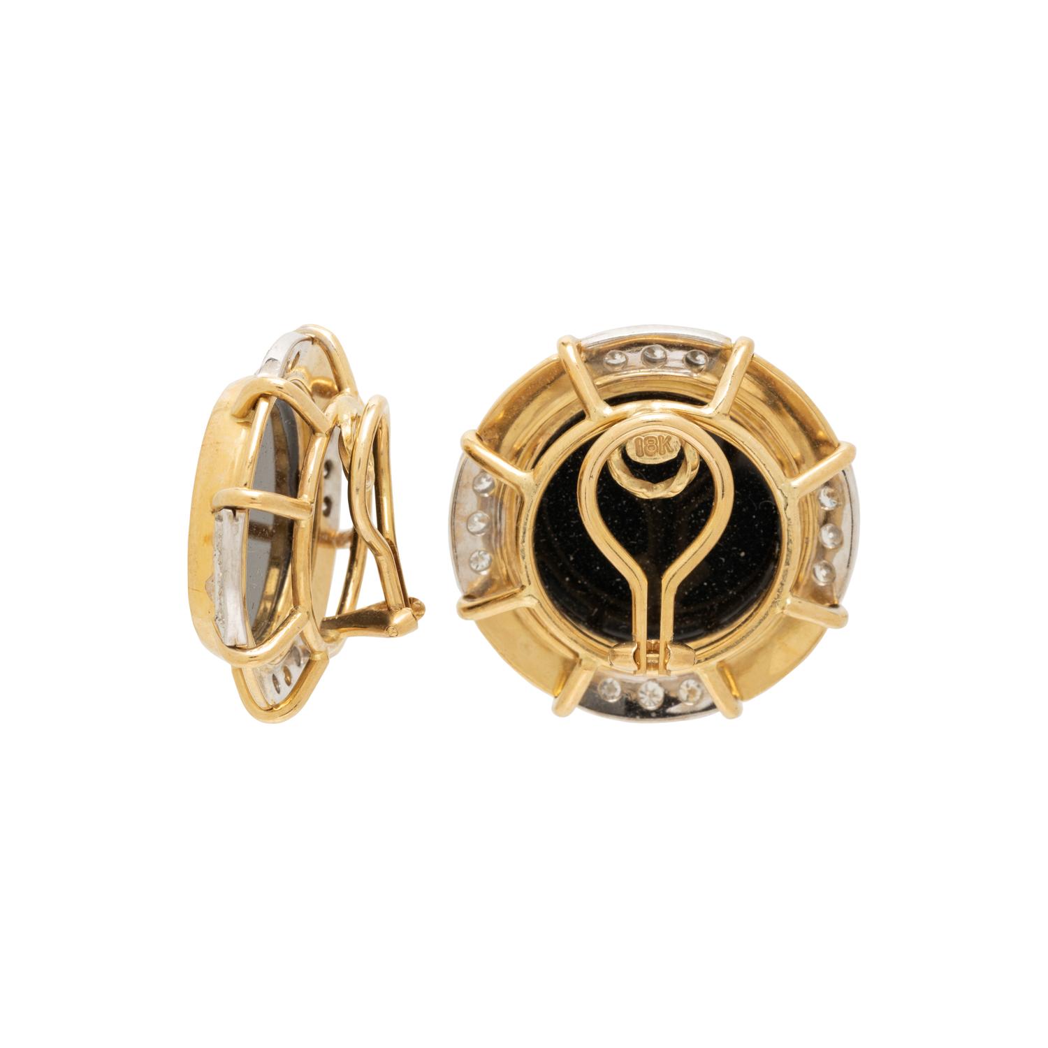 YELLOW GOLD, DIAMOND, AND CAT CAMEO CLIP EARRINGS