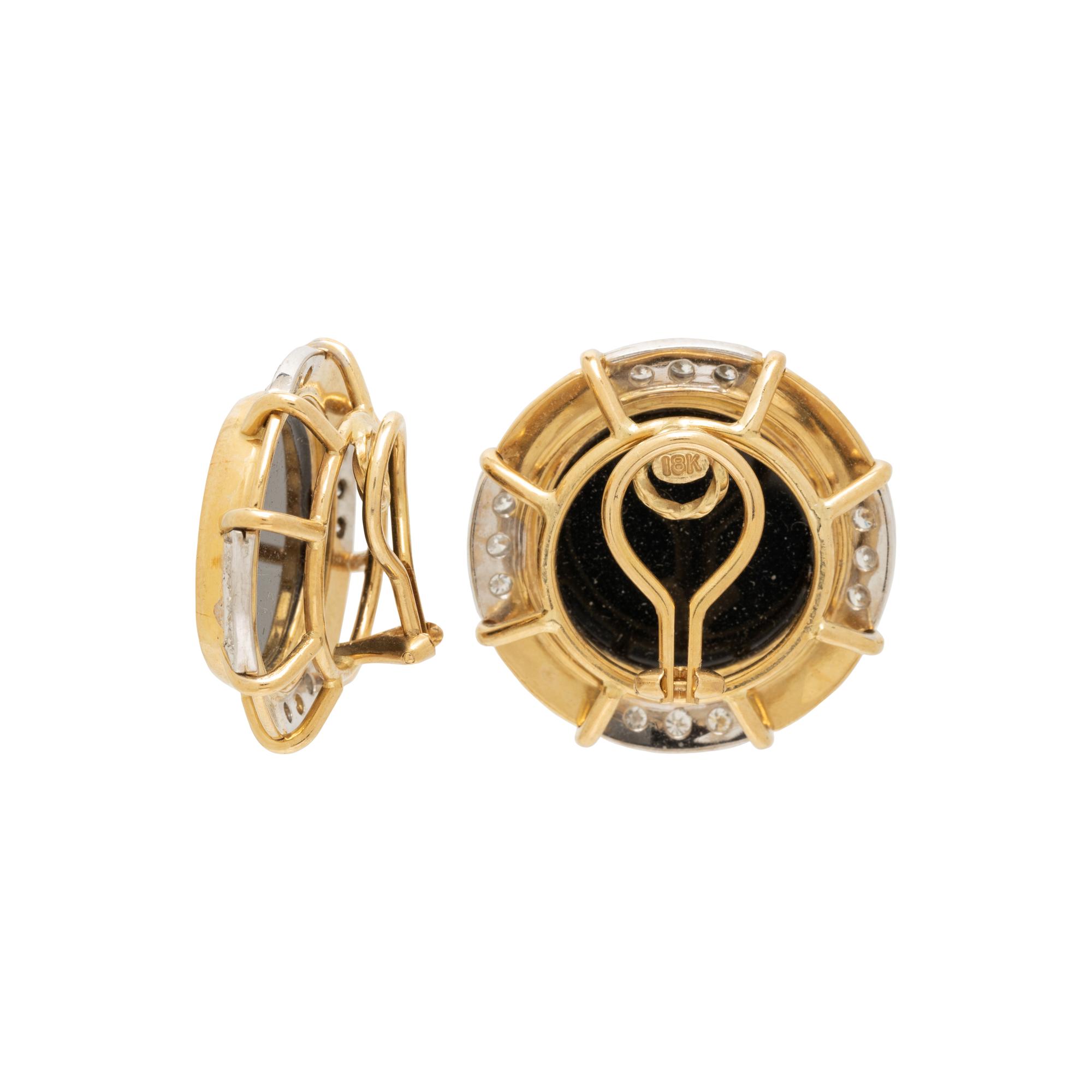 YELLOW GOLD, DIAMOND, AND CAT CAMEO CLIP EARRINGS