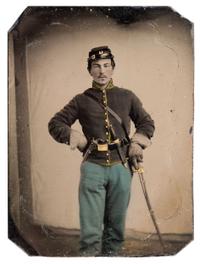 Quarter plate tintype of bugler Charles Raymond, Company D, 2nd Ohio Cavalry.