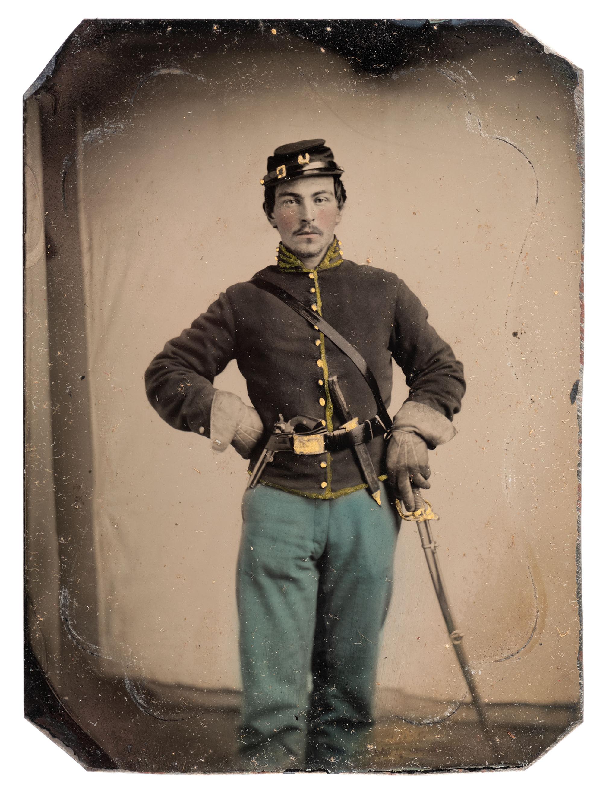 Quarter plate tintype of bugler Charles Raymond, Company D, 2nd Ohio Cavalry.
