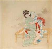 A Pair of Japanese Erotic Woodblock Prints on Silk in Acrylic Frames (early 20th Century)