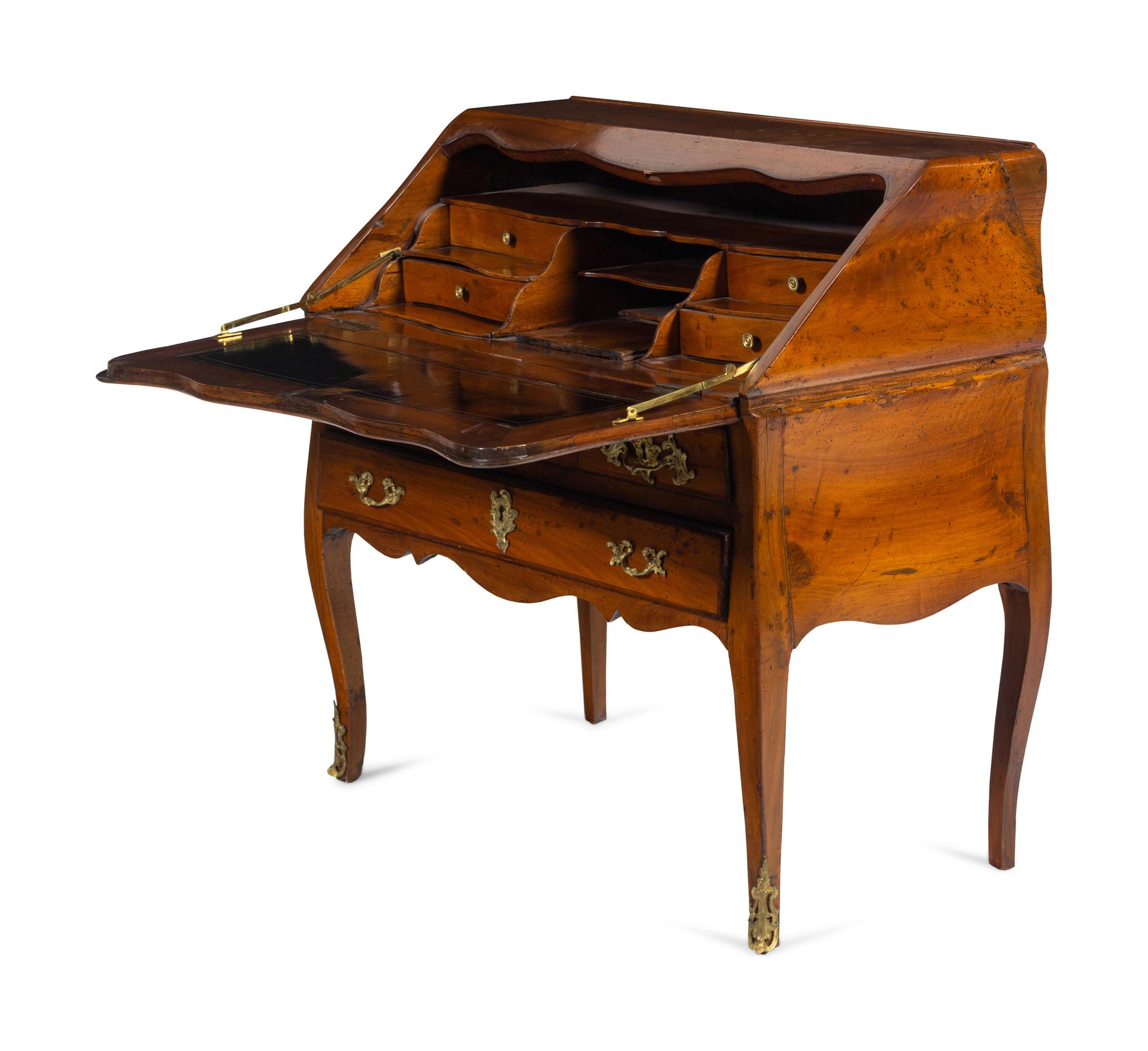 A Louis XV Gilt Bronze Mounted Walnut, Mahogany and Marquetry Bureau en Pente
