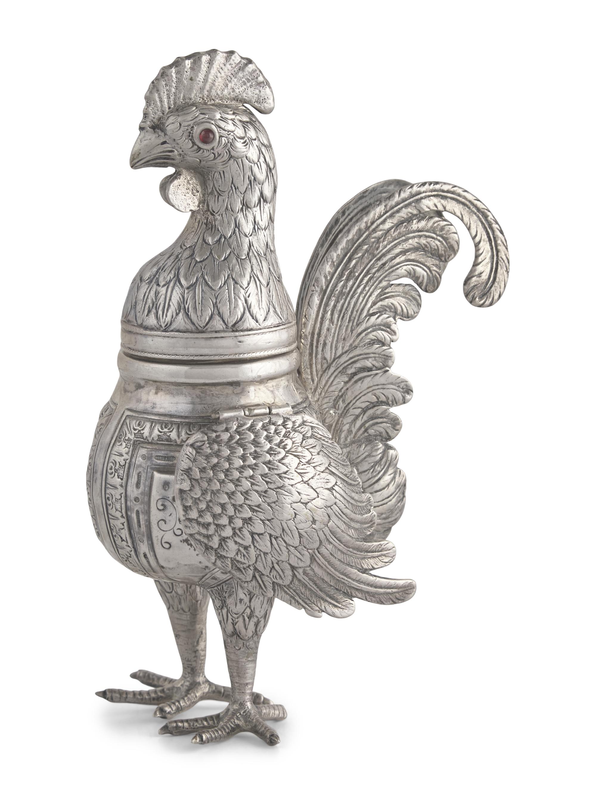 A German .800 Silver Rooster-Form Spice Box, Late 19th / Early 20th Century