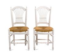 A Pair of White Painted Side Chairs Height 15 x width 15 x depth 35 1/2 inches.