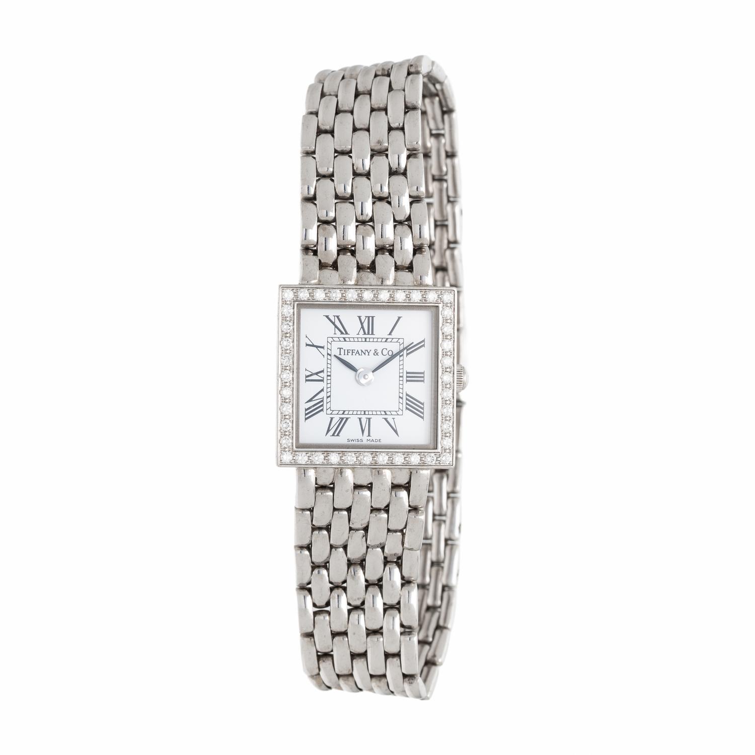 TIFFANY & CO., WHITE GOLD WATCH WITH DIAMOND BEZEL