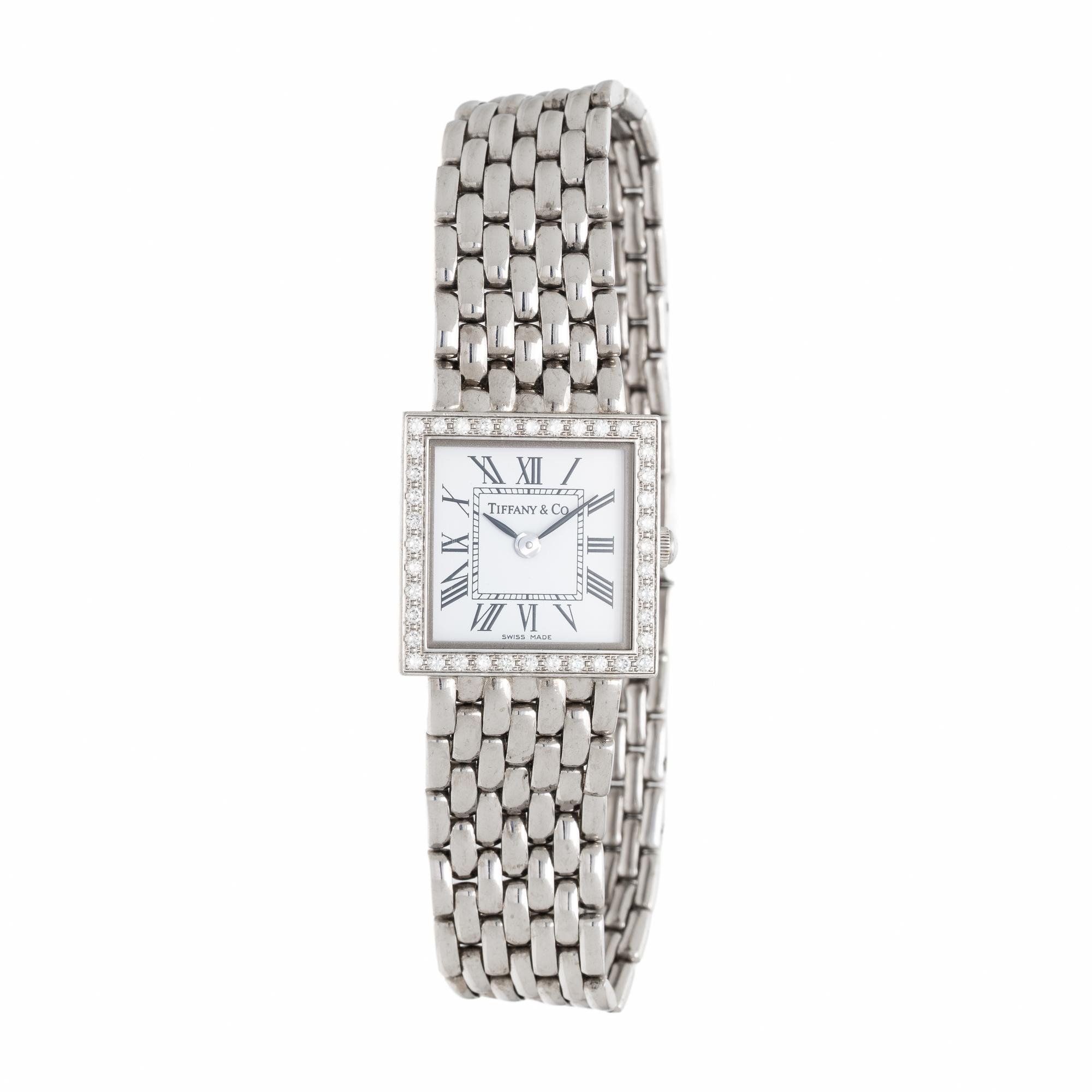 TIFFANY & CO., WHITE GOLD WATCH WITH DIAMOND BEZEL