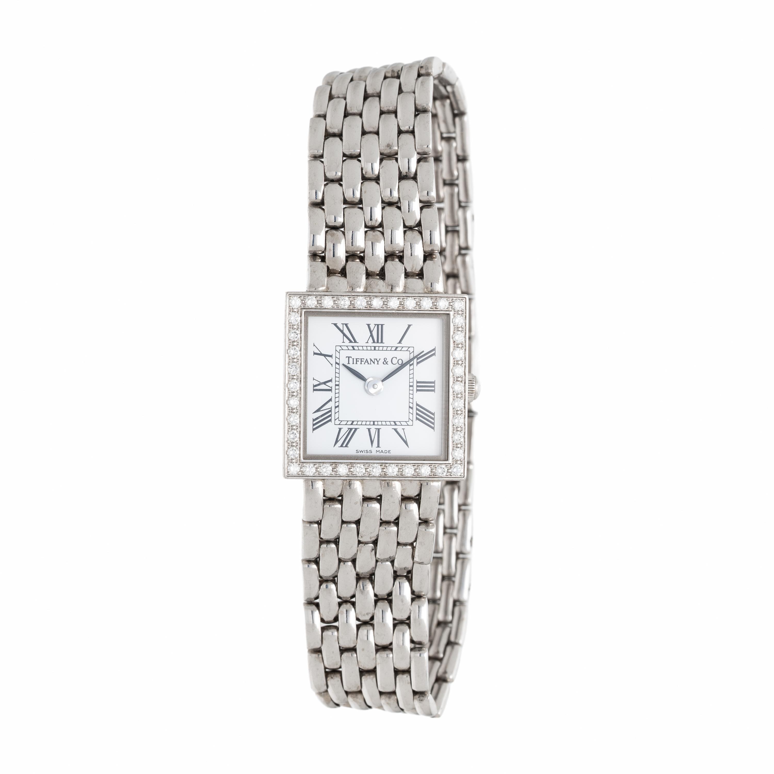 TIFFANY & CO., WHITE GOLD WATCH WITH DIAMOND BEZEL