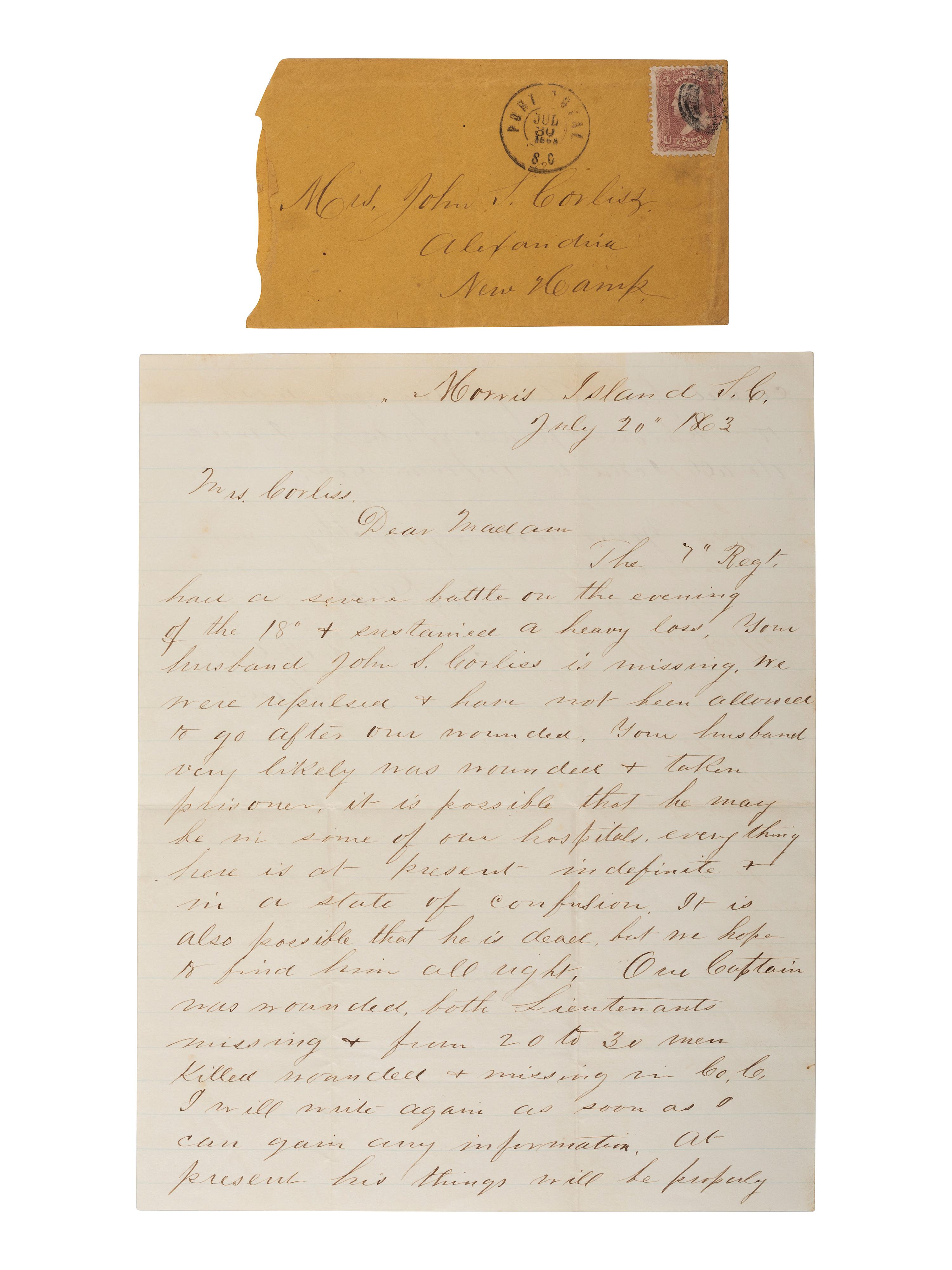 [CIVIL WAR]. Items related to two 7th New Hampshire Volunteers KIA at Fort Wagner, SC, incl. Captain Warren E. F. Brown.