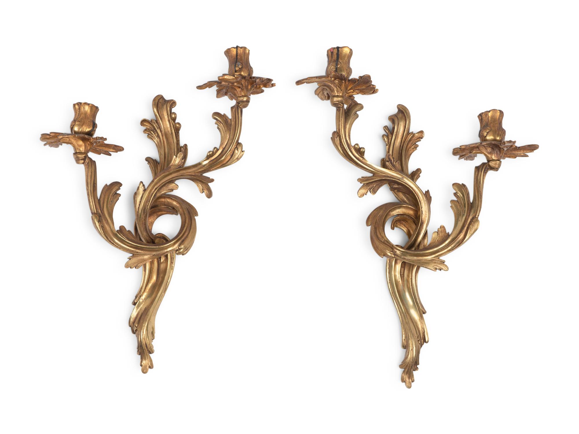 A Pair of Louis XV Style Gilt Bronze Two-Light Sconces