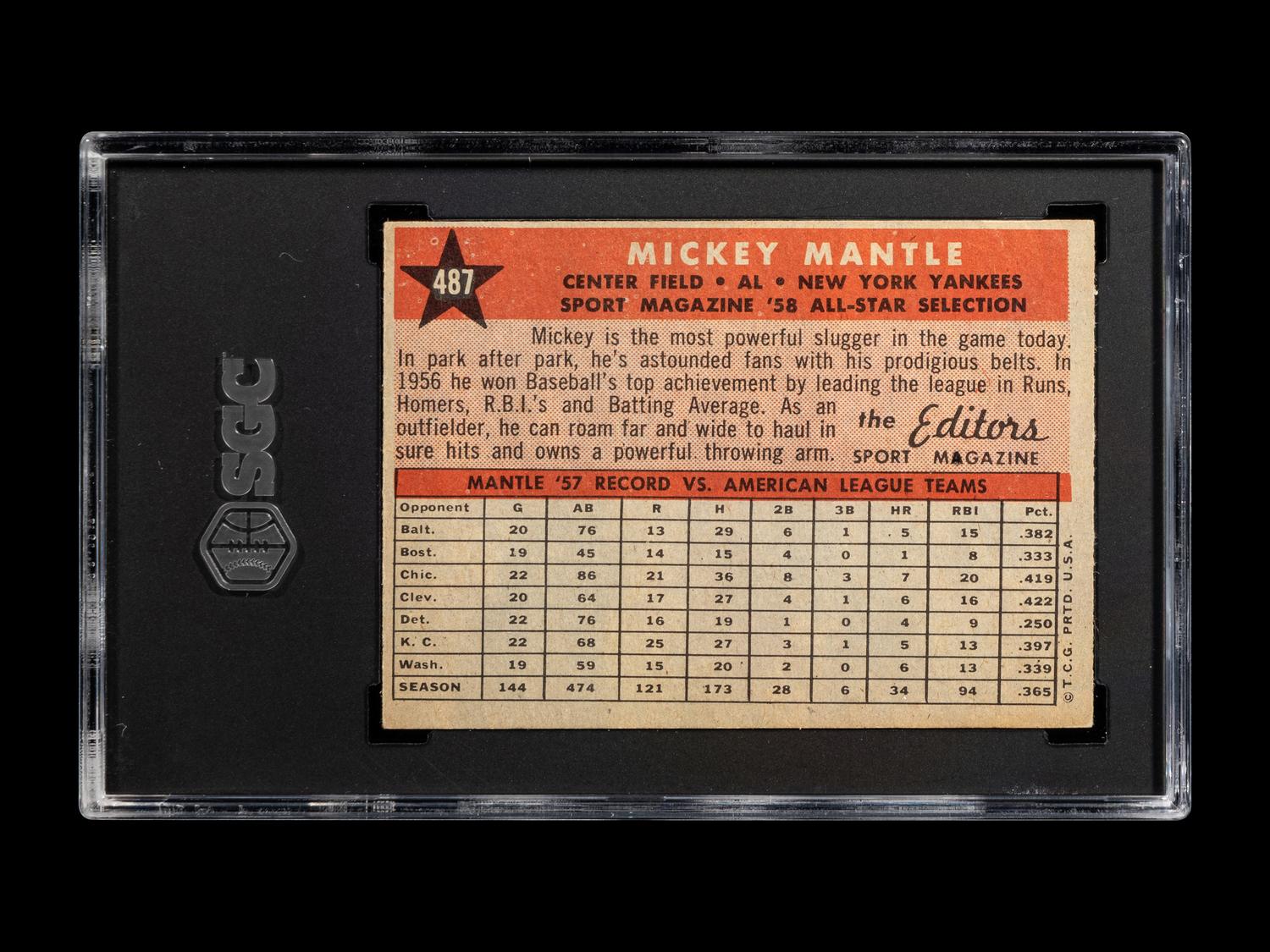A 1958 Topps Mickey Mantle All-Star Baseball Card No. 487 (SGC 5 EX)