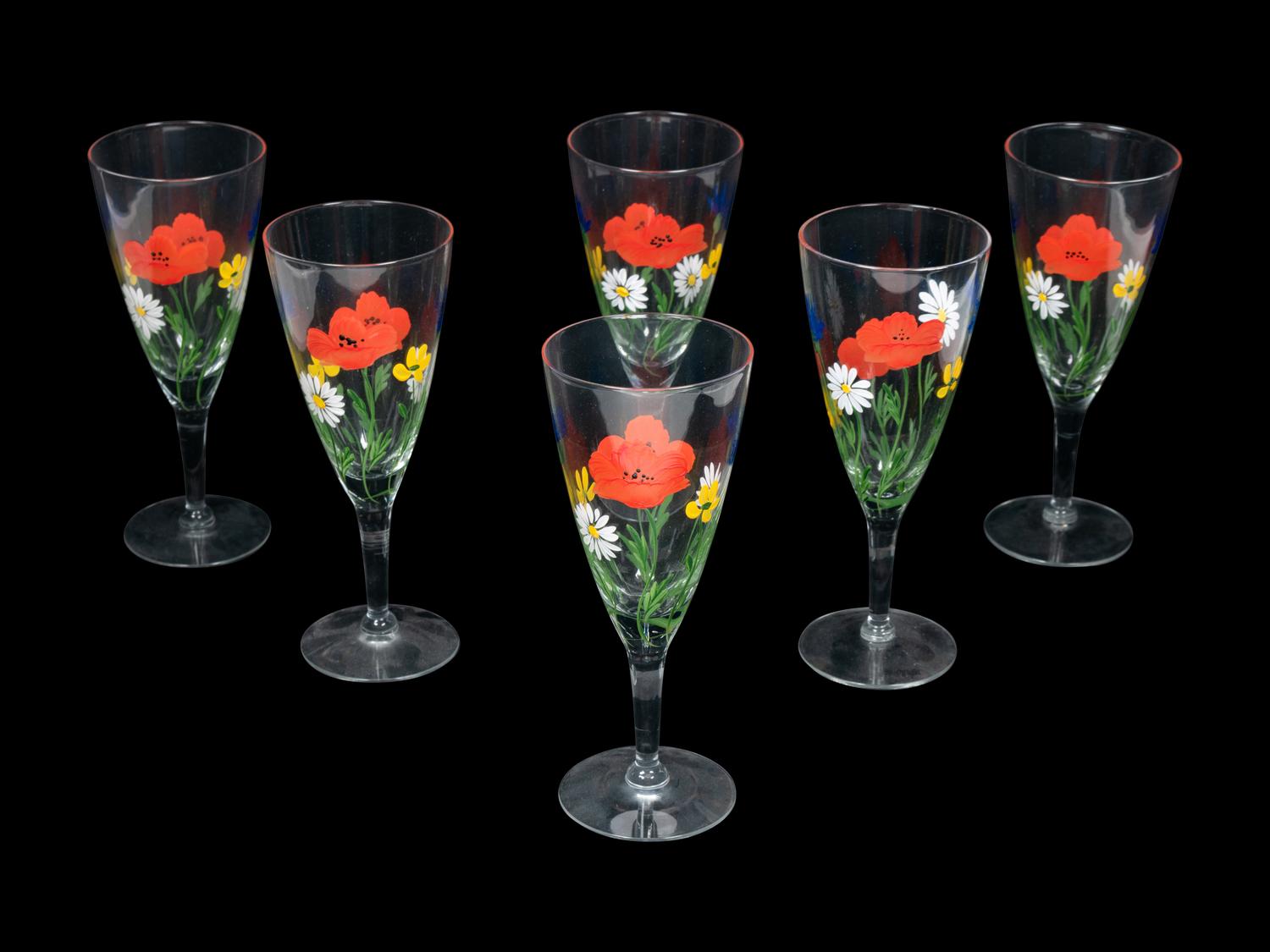 A Group of Seven Enameled Glass Stemware Articles