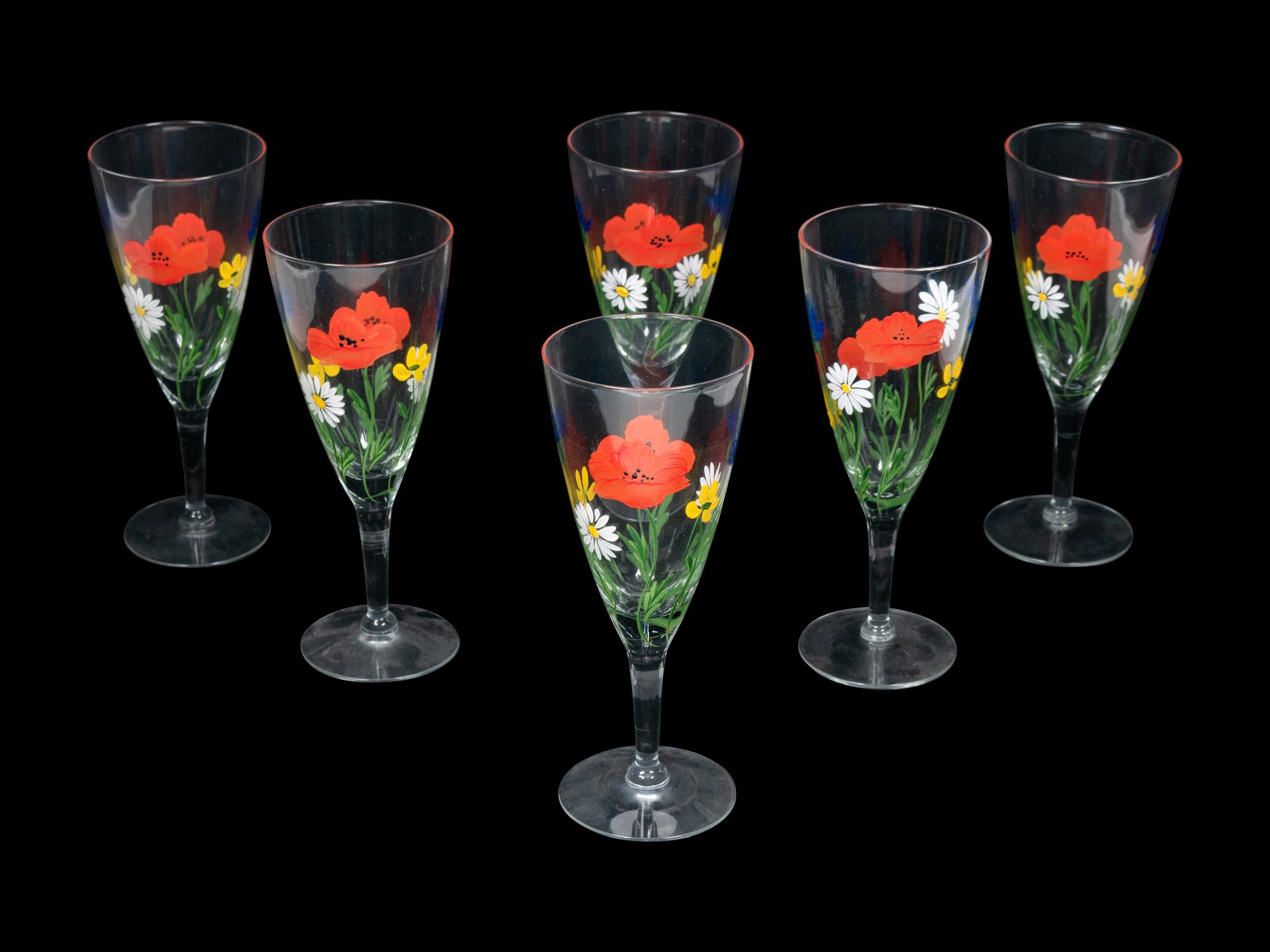 A Group of Seven Enameled Glass Stemware Articles