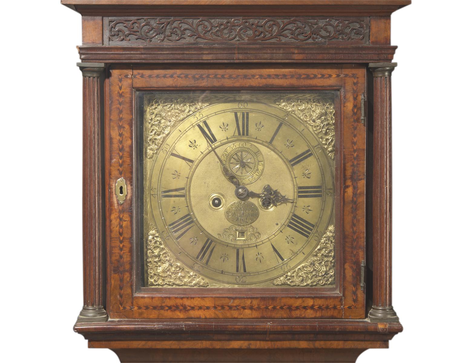 A Queen Anne inlaid and burl walnut veneered and inlaid tall case clock, works by John Sanderson, Wigton, England, early 18th century