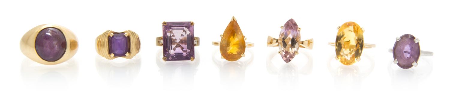 A Collection of 14 Karat Gold and Gemstone Rings, 29.10 dwts.
