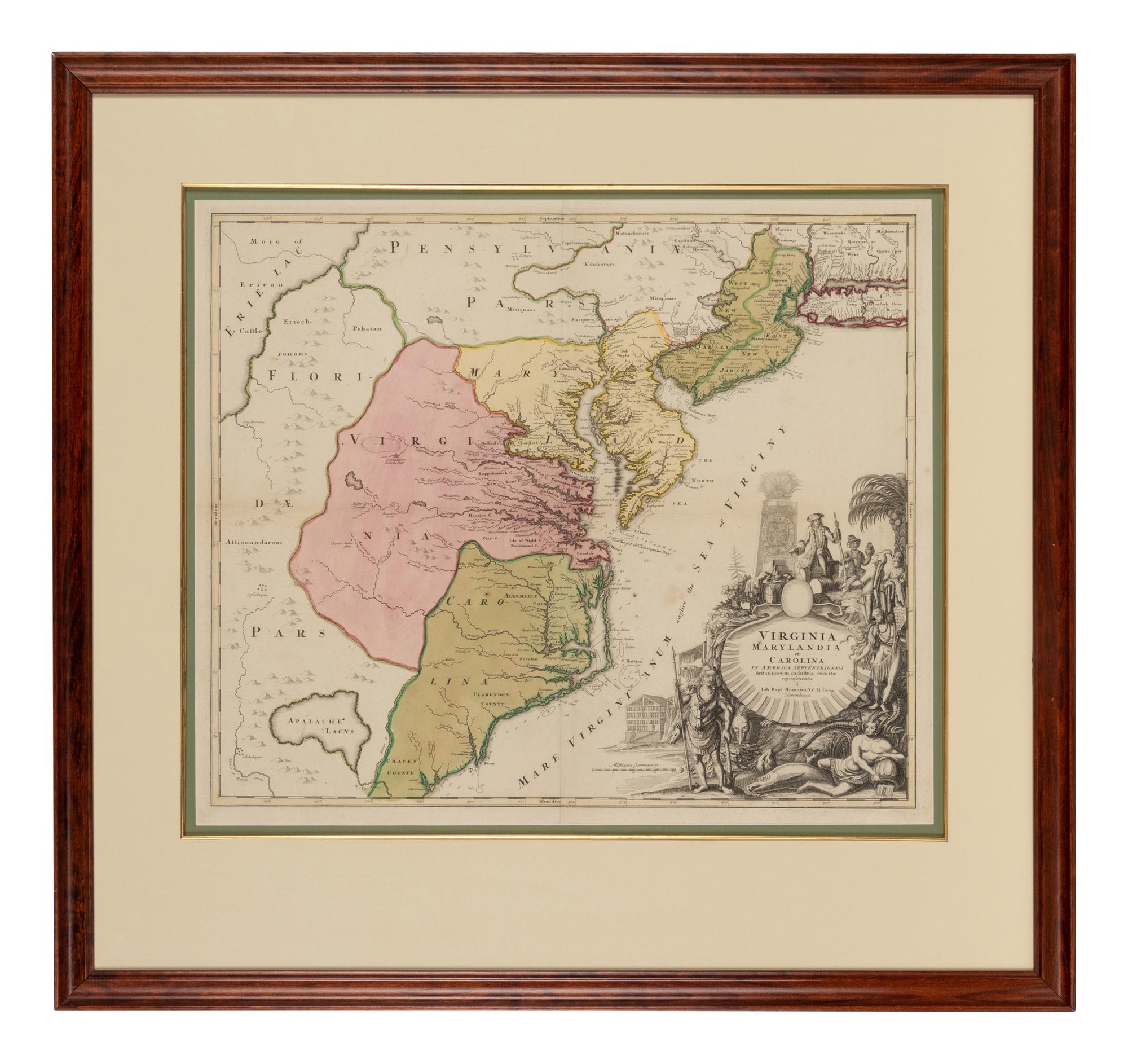 [MAP]. HOMANN, Johann Baptist (1663-1724). Virginia, Marylandia et Carolina in America Septentrionali . Nuremberg, [ca 1714].
