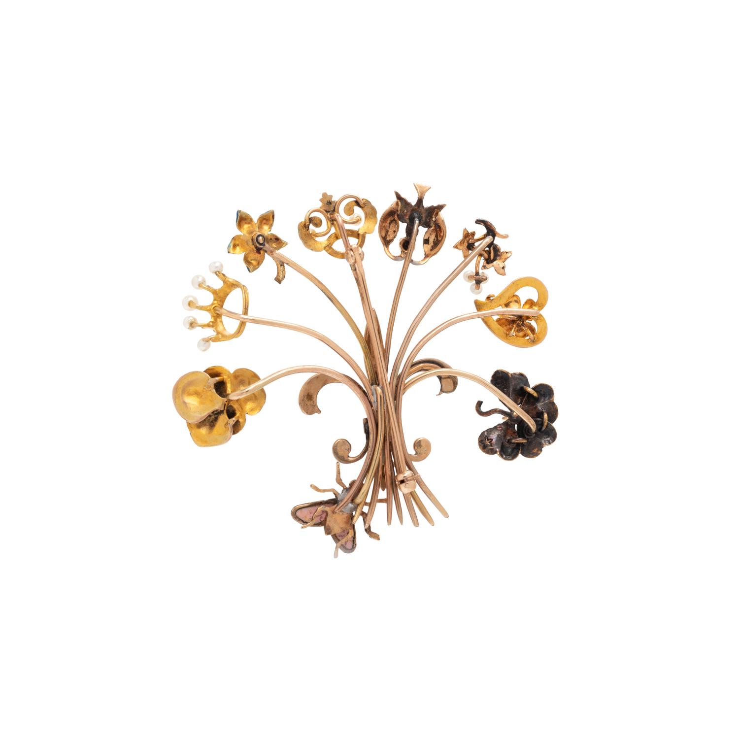 POLYCHROME ENAMEL, SEED PEARL, DIAMOND AND GEMSTONE STICK PIN BROOCH