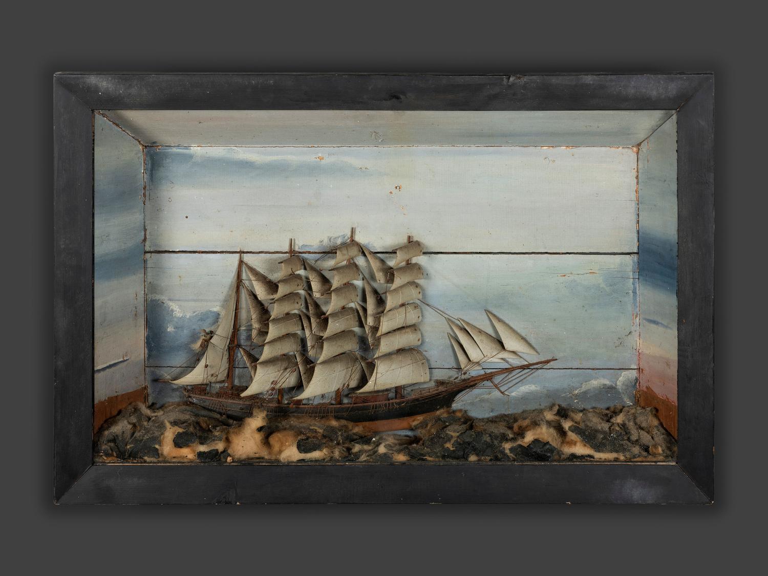 A Carved and Painted Wood Ship Diorama