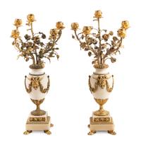 A Pair of Louis XV Style Gilt Bronze Mounted White Marble Five-Light Candelabra