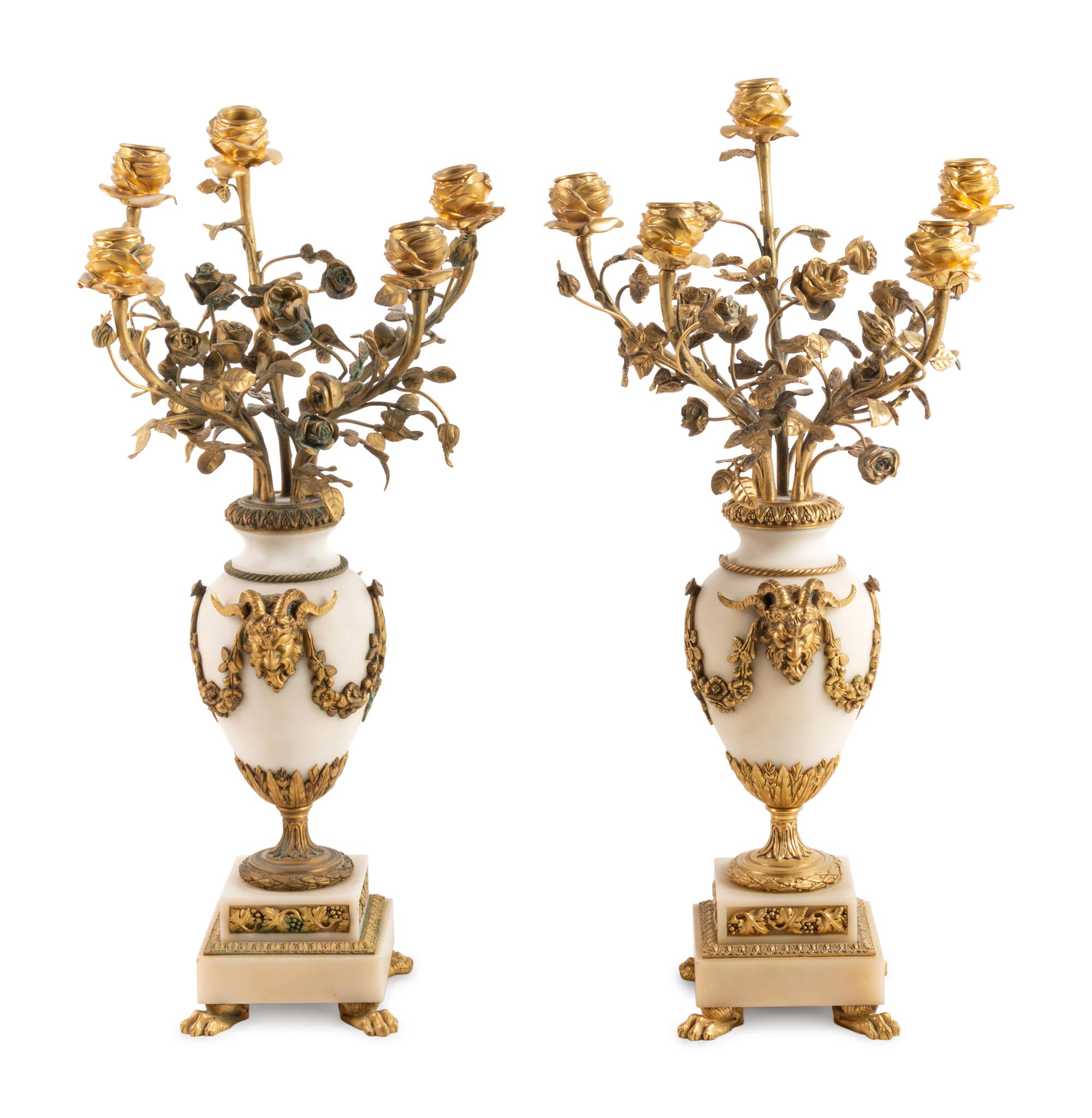 A Pair of Louis XV Style Gilt Bronze Mounted White Marble Five-Light Candelabra