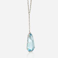A diamond, aquamarine, and palladium pendant necklace, Tiffany & Co.