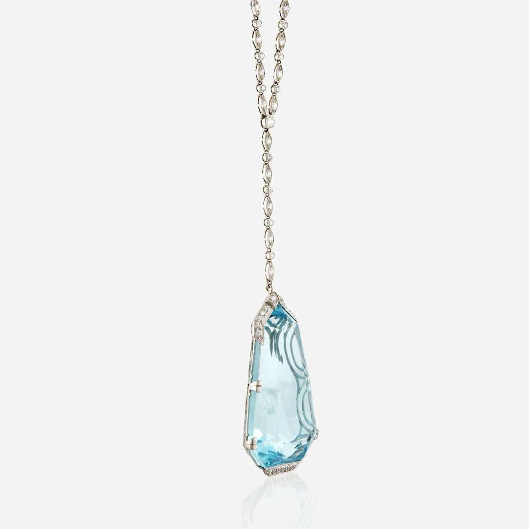 A diamond, aquamarine, and palladium pendant necklace, Tiffany & Co.